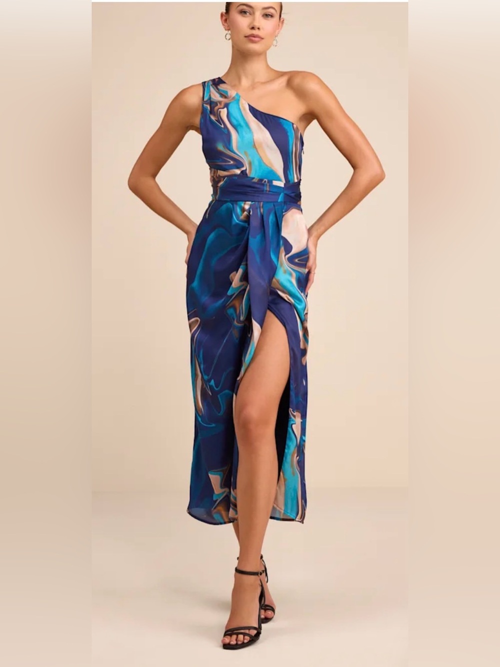 Lulus Rhema Blue Multi Abstract Print Satin Midi Dress NWT S